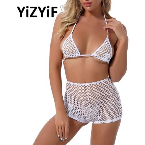 Sexy Fishnet bikini Set Wome See-through Hollow Out Netted Lingerie Nightwear Exotic Self Tie Bras Tops with High Waist Shorts S