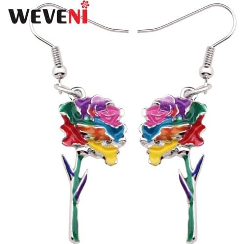 WEVENI Enamel Alloy Rose Flower Earrings Dangle Drop Big Long Fashion Trendy Fairy Jewelry For Girls Women Ladies Gift Accessory