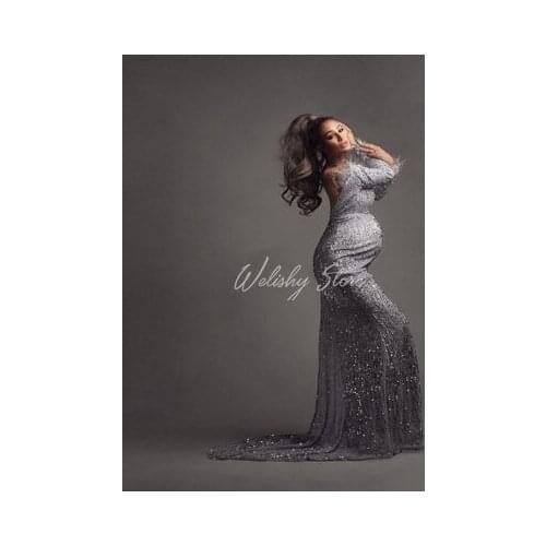 Gorgeous Shiny Slivery Backless Maternity Women Evening Gowns 2021 Fashion Sequins Full Sleeves Long Dressing With Feathers