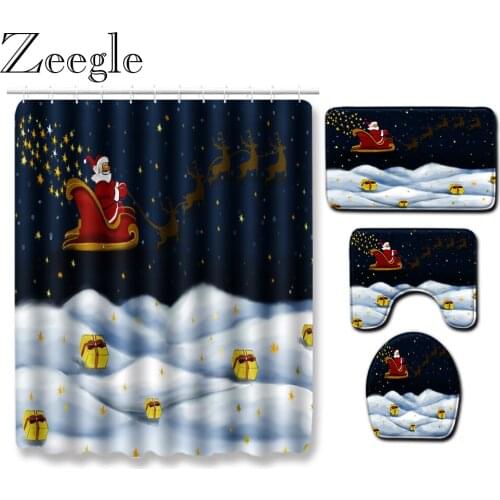 Zeegle Waterproof Shower Curtain Christmas Bath Curtain Absorbent Toilet Cover Mat Washable Bathroom Rug Anti-slip Bath Mat Set