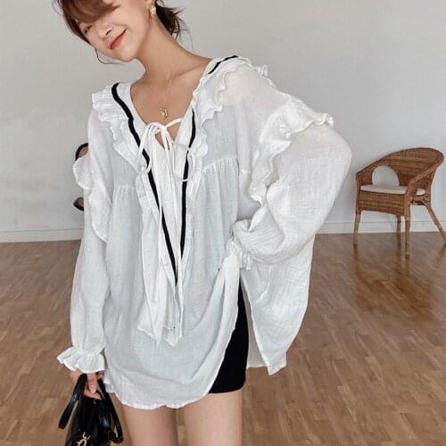 2021 Spring Autumn New Style Ruffled Loose V-neck Lace-up Trumpet Sleeve Pullover Sweet Blouse Women