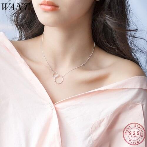 WANTME Real 100% 925 Sterling Silver Jewelry Personality Geometric Round Double Circle Interlocking Pendant Necklace For Women