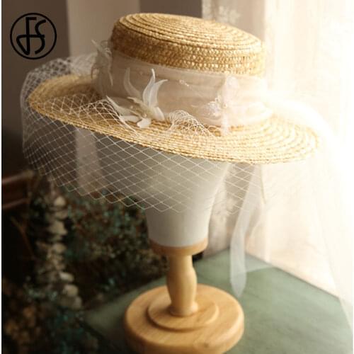 FS Flat Top Straw Hat Mesh Veils Beach Sun Hats Vacation Sunshade Wide Brim Boater Hat For Women Fedora Wedding Bridal Hats