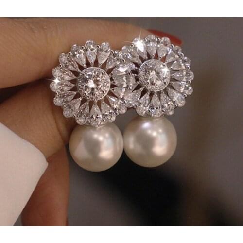 Romantic Female Stud Earrings Imitation Pearl Exquisite Zircon Female Stud Earrings Party Exquisite Wedding Gifts Female Jewelry