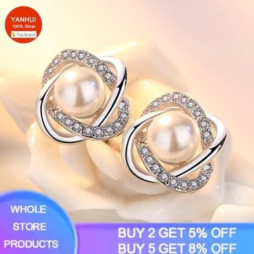 YANHUI Upscale Original 925 Sterling Silver Earrings Zircon Pearl Twist Luxury Stud Earrings For Women Brincos Pendientes Bijoux