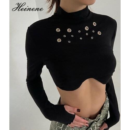 Heinene Gothic Black Corset O-neck T Shirts Womens Harajuku Long Sleeve Streetwear Asymmetric Bodycon T Shirts Autumn Crop Top