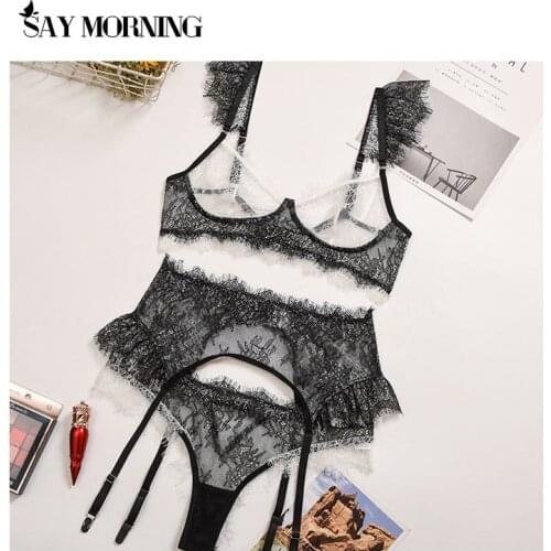 SAY MORNING womens eyelashes lace garter underwear set mesh see-through small flying sleeve bra thong erotic lingerie