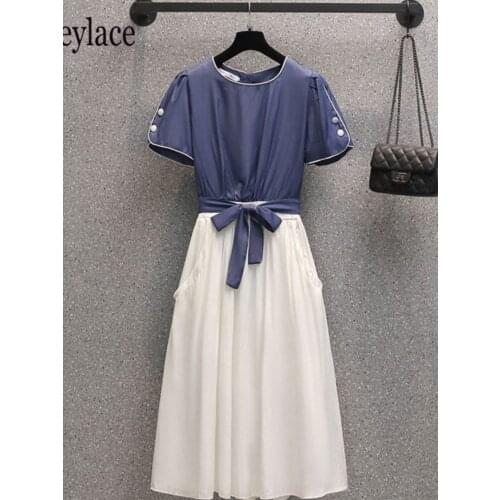 Plus size women Summer elegant fake two dress 2021 blue patchwork white chiffon high waist A-line dress vestidos de fiesta