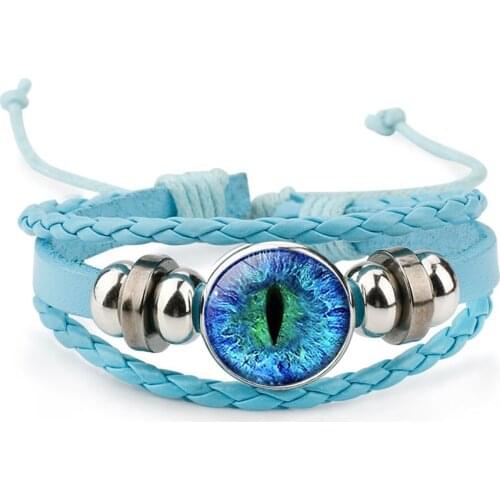 10PC Dragon Eye 18mm Leather Bracelet Women Mens Punk Wrap Wristband Sauron Devils Eye Glass Photo Cabochon Bracelets & Bangles