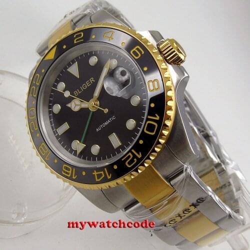 40mm Bliger Black Dial Sapphire Glass Green GMT Date Automatic Mens Wrist Watch Gold Plated Oyster Bracelet