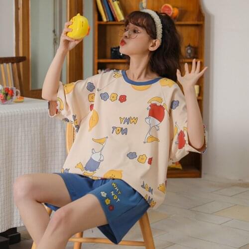 BZEL New Summer Cartoon Pijamas Set Cotton Sleepwear Women Lovely Nighty Beige Short Sleeves Blue Shorts Pajamas Comfort Pyjamas