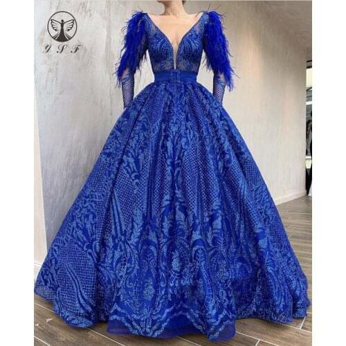 Designer Deep V Neck Long Sleeve Feather Bling Bling Glitter Fabric Royal Blue Ball Gown Prom Dresses