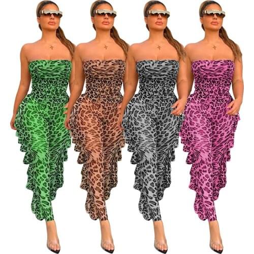 Elegant Off The Shoulder Leopard Print Ruffles Jumpsuit Women Sexy Sheer Mesh See Through Bodycon Club Party Jumpsuit Overalls