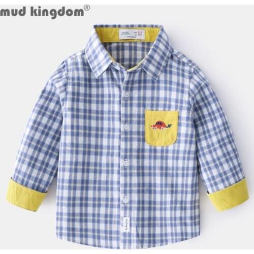 Mudkingdom Boys Plaid Shirts Fashion Turn-down Collar Cartoons Pockets Drop Shoulder Tops Toddler Casual Spring Autumn Clothes