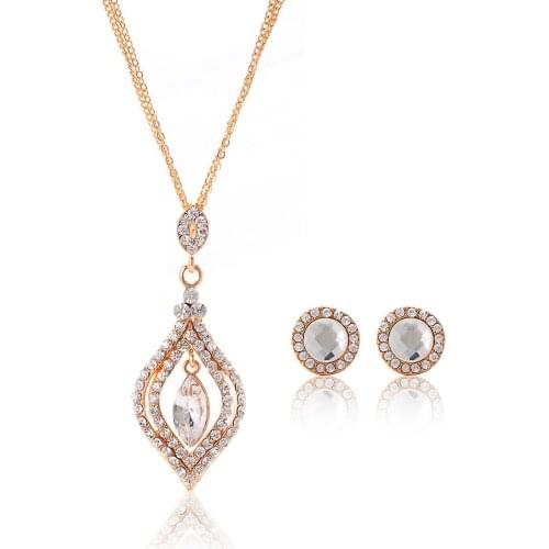 Gold Silver Color Bridal Jewelry Set Necklace Earrings For Women Engagement Romantic Style Water Drop Shape Austrian Crystal