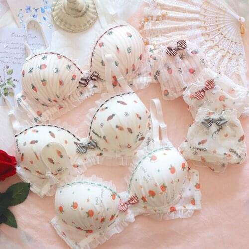Sweet Lolita Cute Peach Strawberry Pattern Push Up Bra & Panties Set Japanese Girl Sexy Maid Kawaii Underwire Underwear Suit