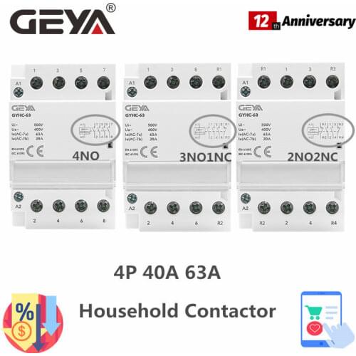 GEYA Din Rail AC Contactor 4P 40A 63A 4NO 4NC 2NO2NC 3NO1NC House Use or For Charging Pile Contactor Good Quality