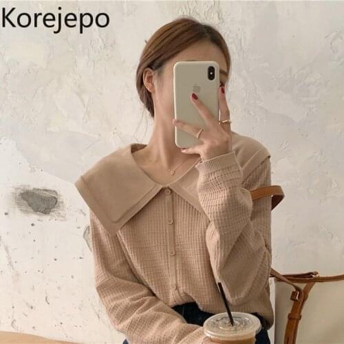 Korejepo Women Sweater 2021 Spring Autumn Ladies Korean Sweet Temperament Fresh Design Doll Collar Thin Long-Sleeved Pullover
