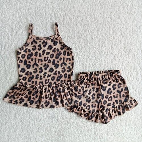 Fashion summer outfit girl boutique leopard print clothing set sleeveless top and shorts suit