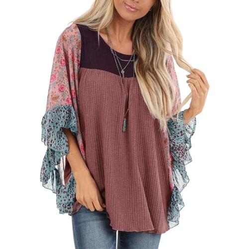 Fashion Women Floral Print O Neck Batwing Sleeve Color Block Patchwork Sweater