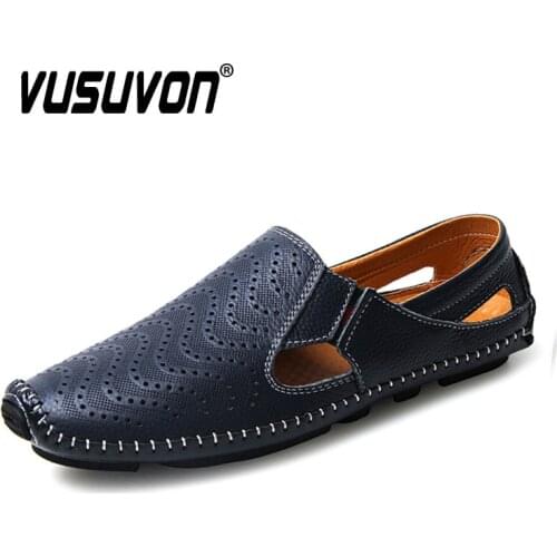 Genuine Leather Mens Shoe Comfortable Outdoor Drive Casual Black White Summer Loafer Flats Big Size 38-47 2021 Fashion Sandals