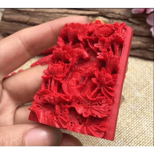 Natural cinnabar pendant, carved red peony flower fish pendant, lucky charm, mens and womens necklace necklace