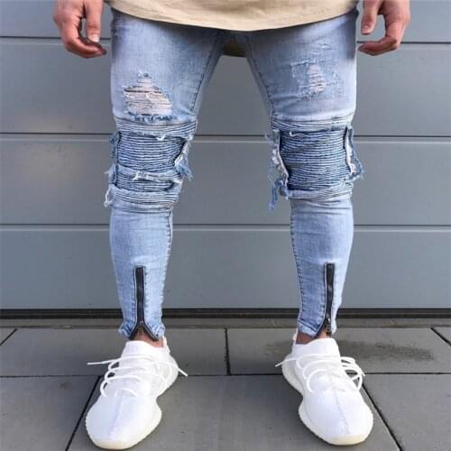 2020 New Dropshipping Men Skinny Jeans Design Fashion Slim Hiphop Biker Strech Ankle Zipper Pleated Denim Jeans For Men