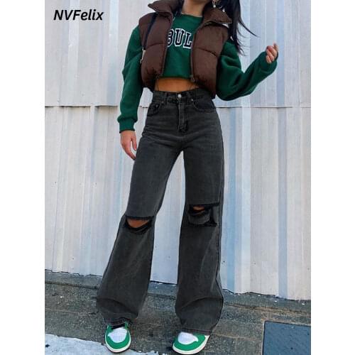 NVFelix Mom Ripped Jeans 2021 Straight Pants Black Y2k Wide Leg Loose Baggy Pants Fashion Autumn Comfortable Denim Wash Trousers