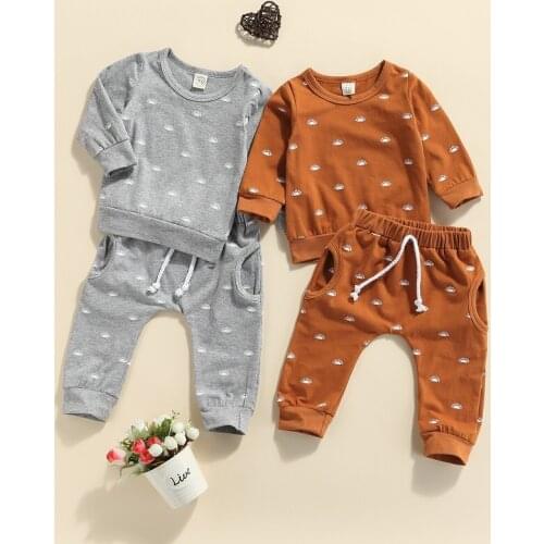 0-24M Newborn Baby Boy Girl Sun Print Long Sleeve Pullover Cotton T-shirt Tops Long Pant Trouser 2PCS Spring Autumn Clothes Set