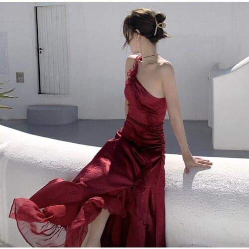Sexy One Shoulder Satin long Dresses For Women 2021 Summer Sleeveless laciness Slim Dress Red Party Dress