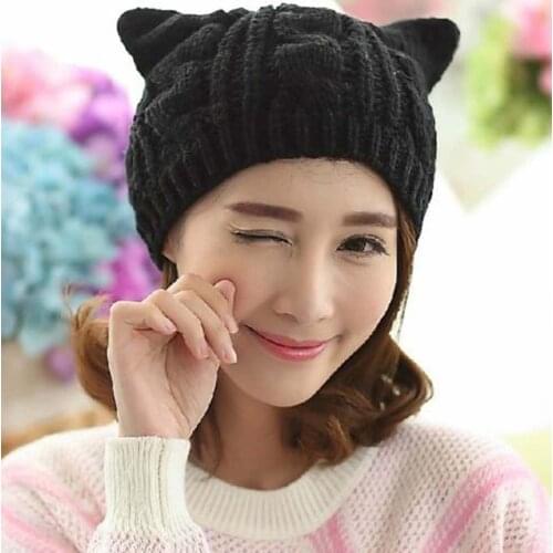 1PC Womens Acrylic Cat Ear Knit Black Beanie Hat Knitted Black Bear Hat Cold Protection Warm Soft Indoor Outdoor Hiking New