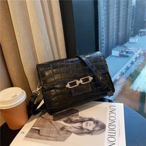 PU Leather Crossbody Bag Portable Solid Color Retro Crocodile Pattern Shoulder Messenger Bag Portable Small Square Bag