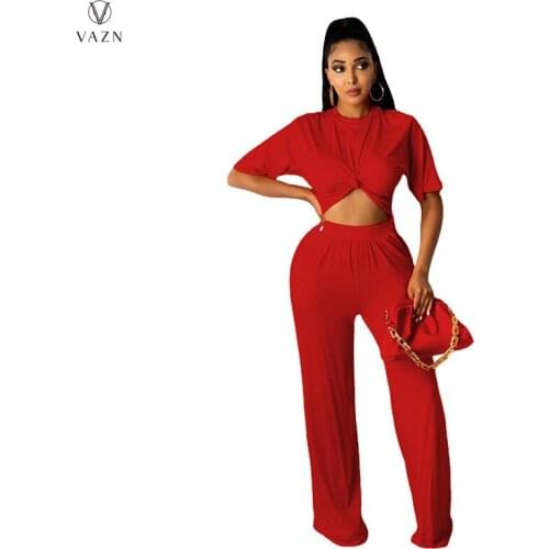 VAZN 2021 Top Quality Plus Size Chiffon Sexy Holiday Half Sleeve Sweet High Waist Long Wide Leg Pants Womens 2 Piece Set