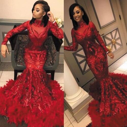 SuperKimJo Feather Evening Dresses Luxury Long Sleeve Mermaid Modest Sparkly African Evening Gown Robe De Soirée De Mariage