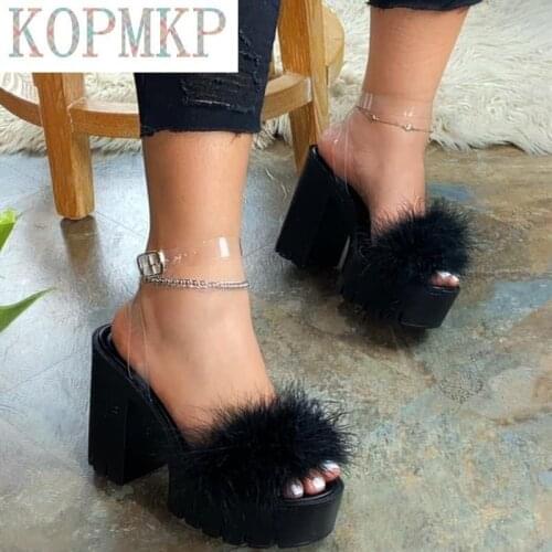 Feather Sandals with Chunky Heels and Waterproof Platform One-button Rhinestone Shoes for Women 2020 Summer New Princess Shoes