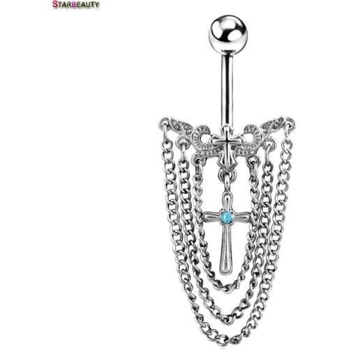 Christian Double Cross Navel Piercing Ombligo Women 14G Tassel Cross Belly Piercing Nombril Maple Belly Button Rings Pircing