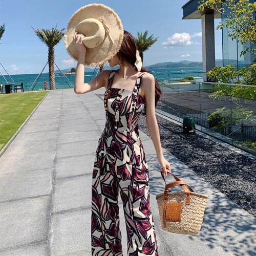 Vintage Casual Sexy Strap Floral Button Jumpsuits Women Elegant Backless Sleeveless High Waist Wide Leg Loose Female Rompers