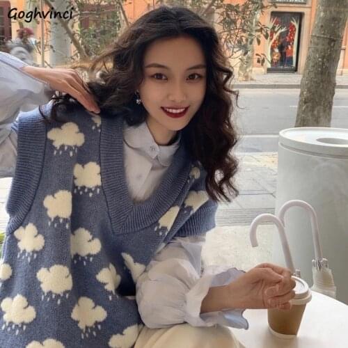 Sweater Vest Women Retros Fashion Cute Clouds Printed V-neck Korean Style Loose Sleeveless All-match College Student All-match