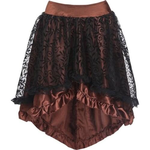 Punk Skirts Women Plus Size 6XL Satin 2 Layers Black Asymmetrical Floral Lace Brown Outfit Dresses Front Short Back Long Skirts