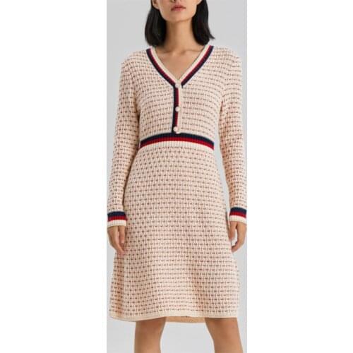 Elegant Knitted Dress for Women 2021 New V-neck Peal Buttons Plaid Dress Ladies A Line Knee-Length Long Sleeve Dress Vestidos