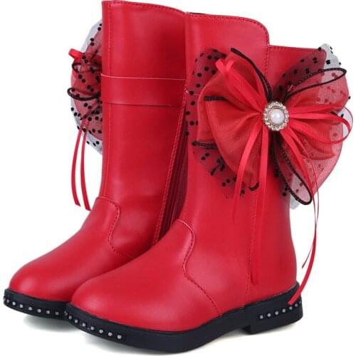 Winter New Girls Princess Fashion Bow Boots Children Warm Mid-Calf Boots Girls Plush Boots Dress Shoes Kids Winter Warm Shoes