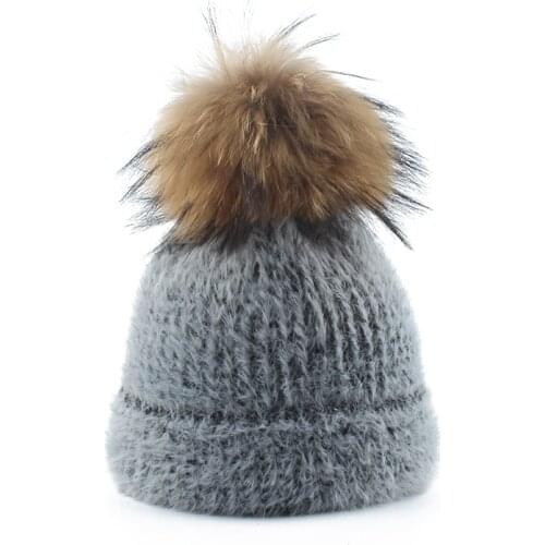Winter Hats For Women Mink Fur Hat Skullies Beanies Ladies Real Raccoon Fur Pompom Hat Warm Knitted Wool Beanie Cap
