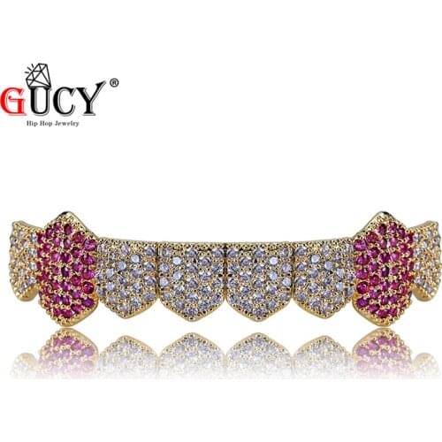 GUCY Hip Hop Teeth Grills Gold Silver Color Iced Out Micro Pave White & Fuchsia CZ Vampire Fangs Bottom Teeth Grillz For Gift