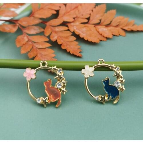 10pcs Rhinestone Wreath Cats Enamel Charms Metal Glitter Kitty Earrings Pendant Fit DIY Bracelet Fashion Jewelry Accessory Craft