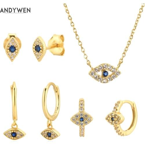 ANDYWEN Winter 925 Sterling Silver Gold Evil Eye Blue Clear Zircon Huggies Hoop Luxury Jewelry Pendant Necklace Clips Rock Punk