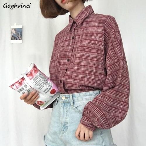 Women Blouses Single Breasted Side-slit Leisure Shirts Plaid Loose Harajuku All-match Korean Retro BF Chic Tops Popular Teenager