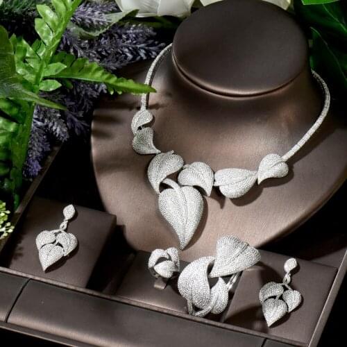 HIBRIDE Big Fashion Luxury 4PCS Leaf African Jewelry Set For Women Wedding Party Zirconia Indian Dubai Bridal Jewelry N-1781