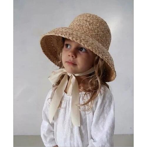 Ins French minority style childrens pot cover Lafite straw hat sweet Hepburn style