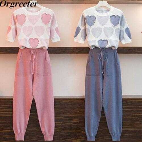Separately sale 2 Piece Beaded Heart Shape Knitted Sets Fall New Short Sleeve Pullover Sweater and Elastic Waist Knit pants Suit