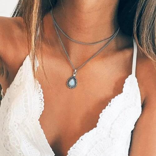 Retro Drops Alloy Pendant Multilayer Necklace Synthetic Opal Necklace Jewelry For Women 2018 New Jewelry Gift